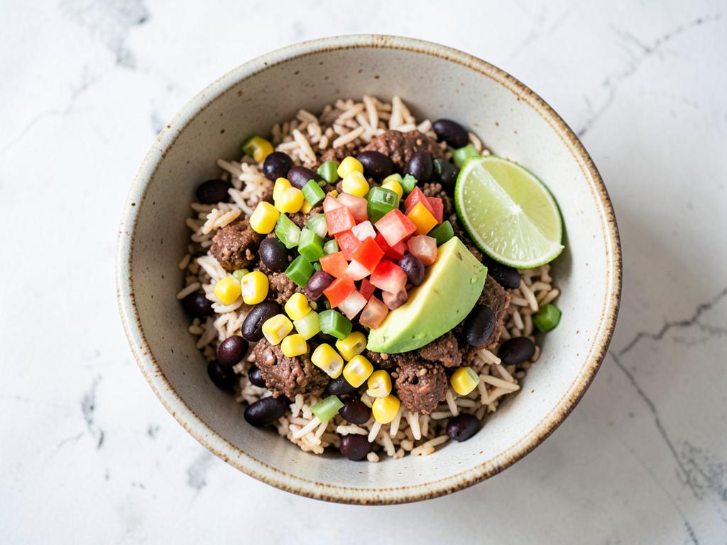 Beef burrito bowl with rice, beans and avocado