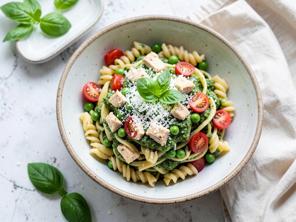 Chicken pesto pasta with peas and tomatoes