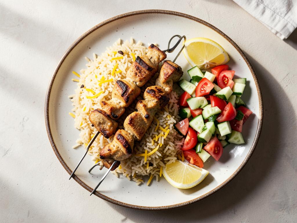 Greek chicken souvlaki skewers with lemon rice and salad