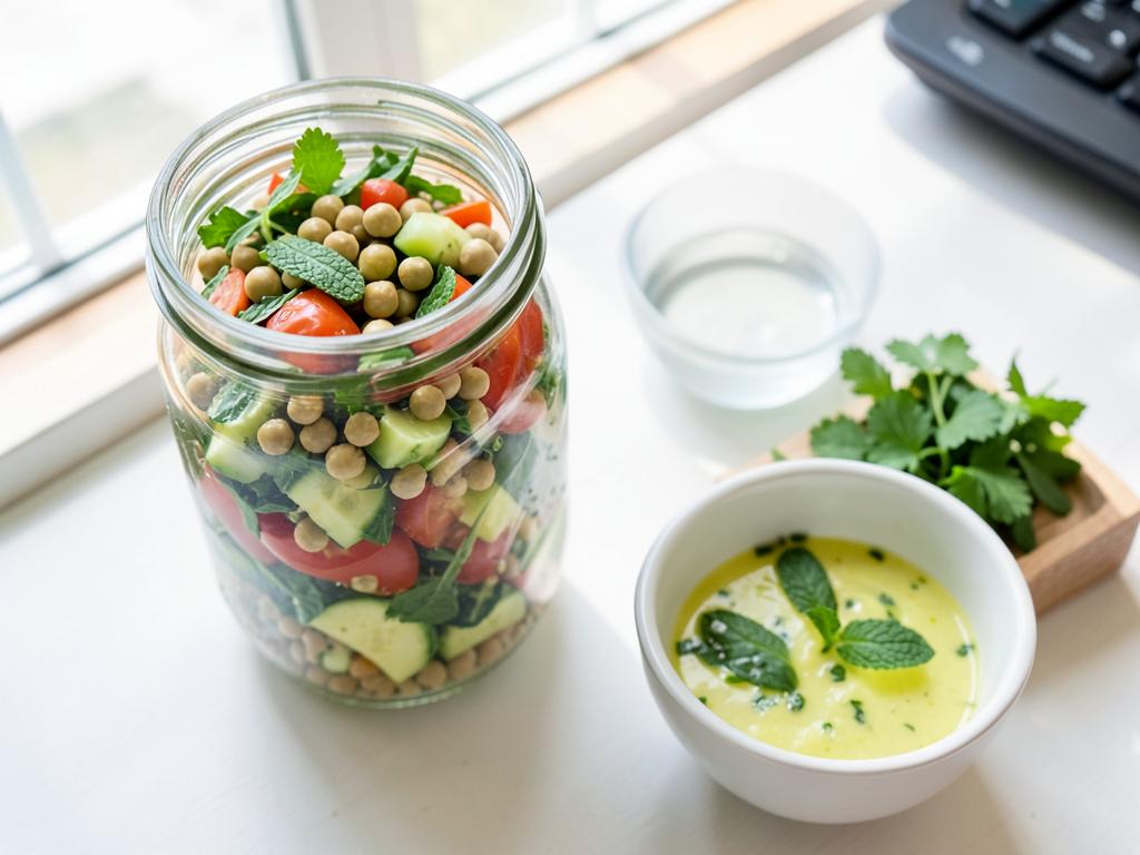 Chickpea cucumber herb salad in a meal prep jar