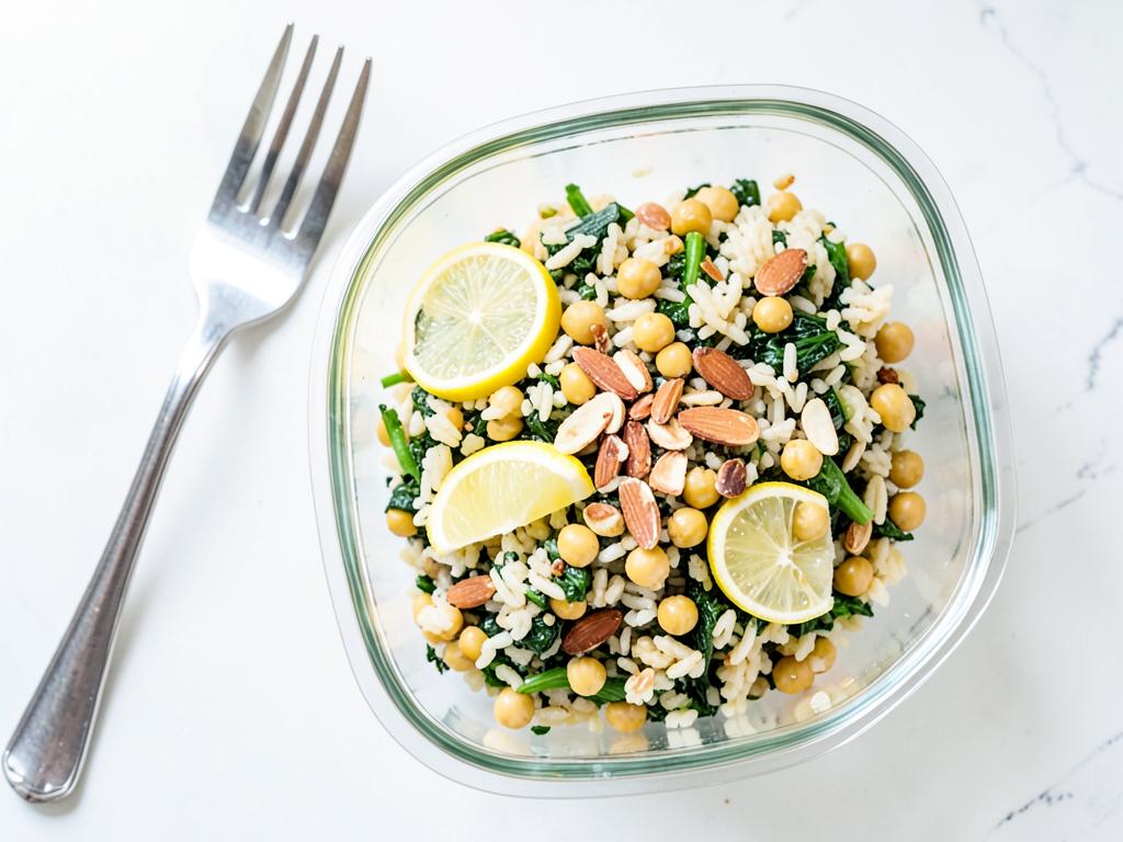 Chickpea and spinach lemon rice in a meal prep box