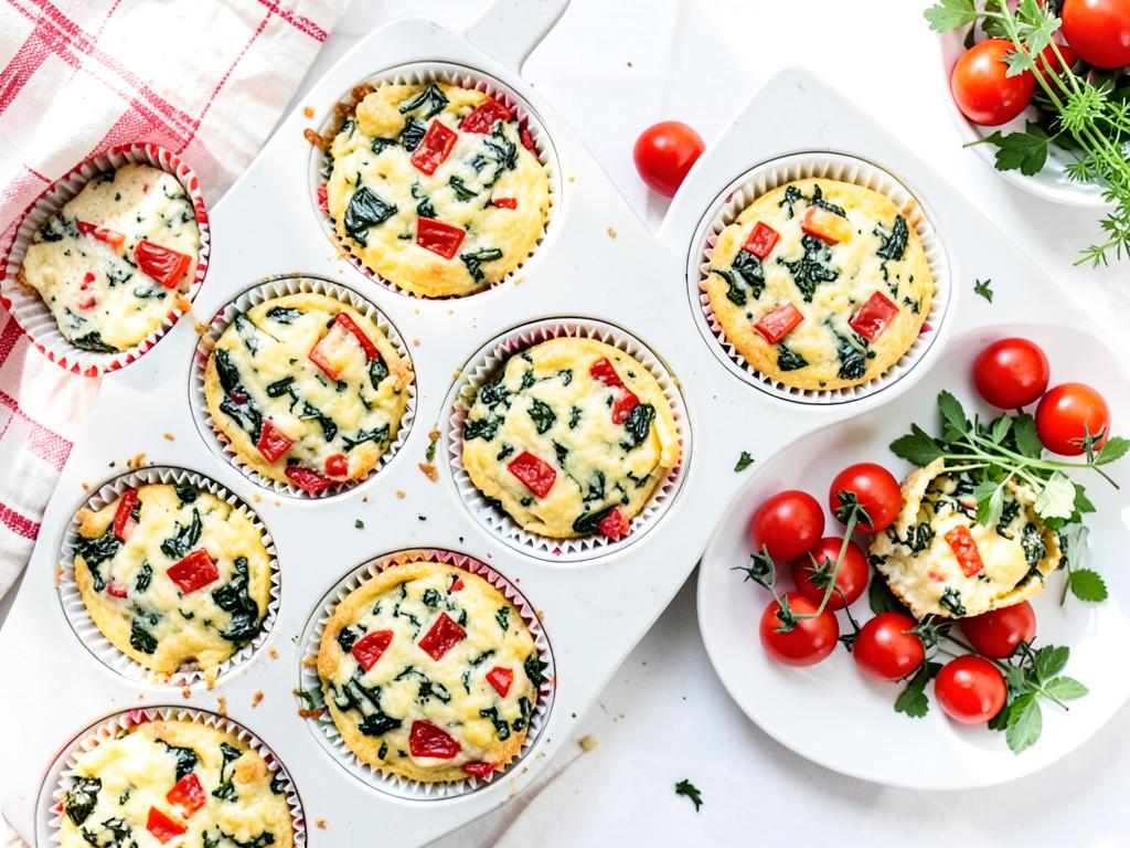 Spinach and red pepper egg muffins in a muffin tin