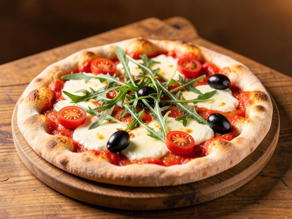 Thin Mediterranean flatbread pizza with arugula and olives