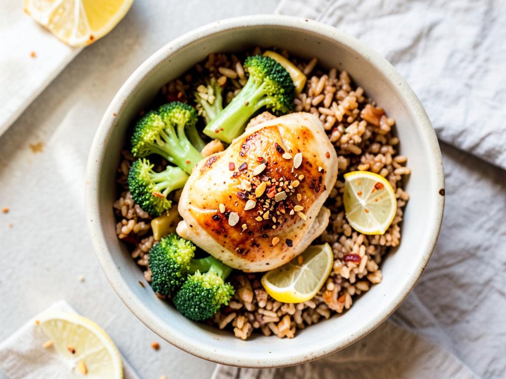 Garlic chicken with broccoli and brown rice in a bowl