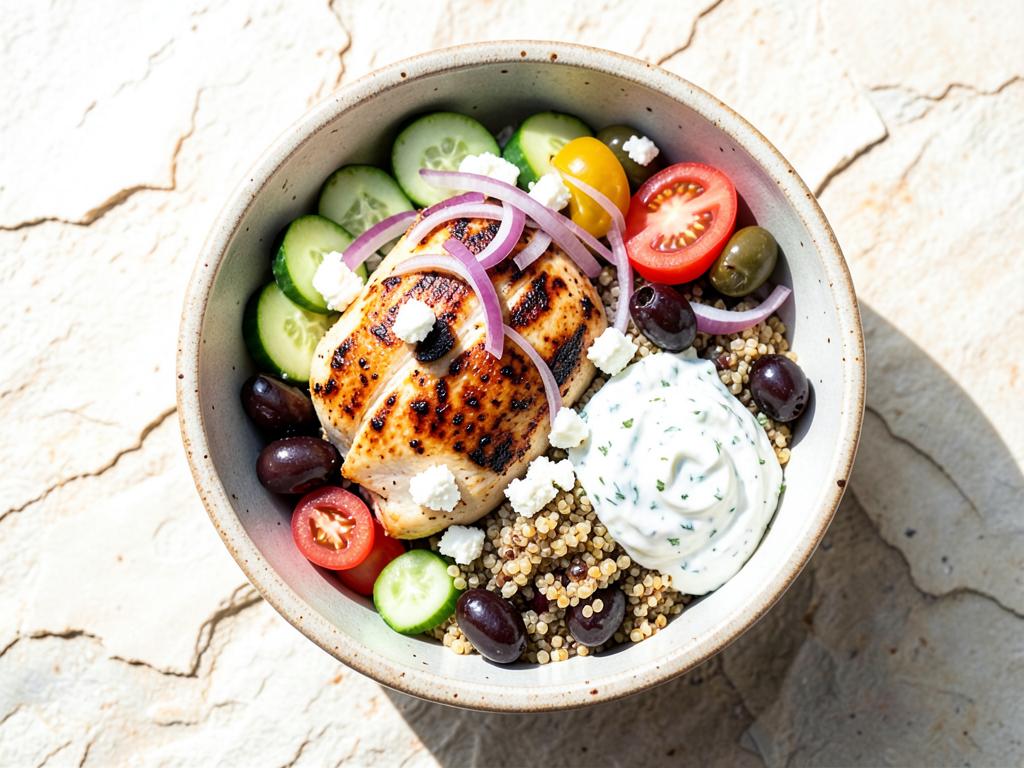 Greek chicken bowl with quinoa, vegetables, feta and tzatziki