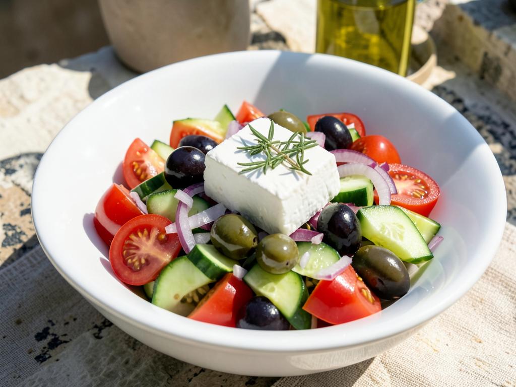 Greek village salad with feta, olives and tomatoes