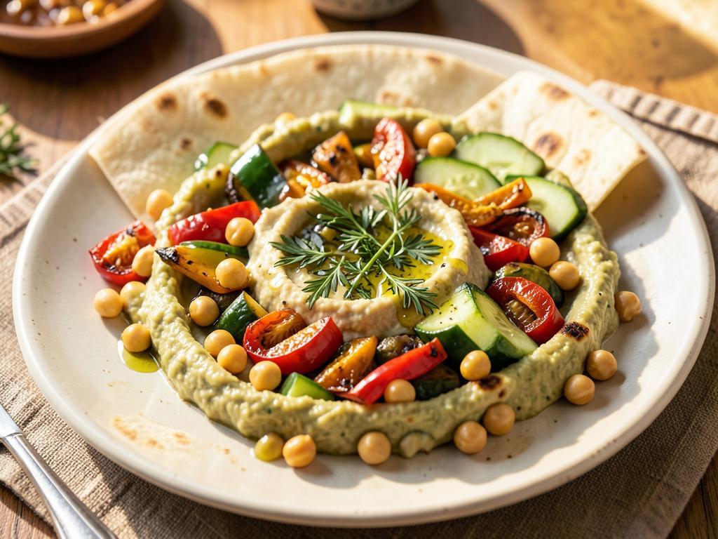 Hummus plate with roasted vegetables, chickpeas and pita