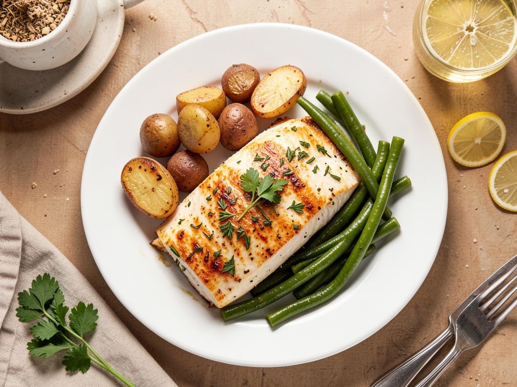 Baked lemon herb cod with baby potatoes and green beans