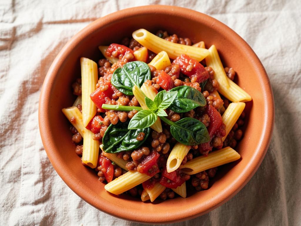 Red lentil penne arrabbiata with spinach and basil