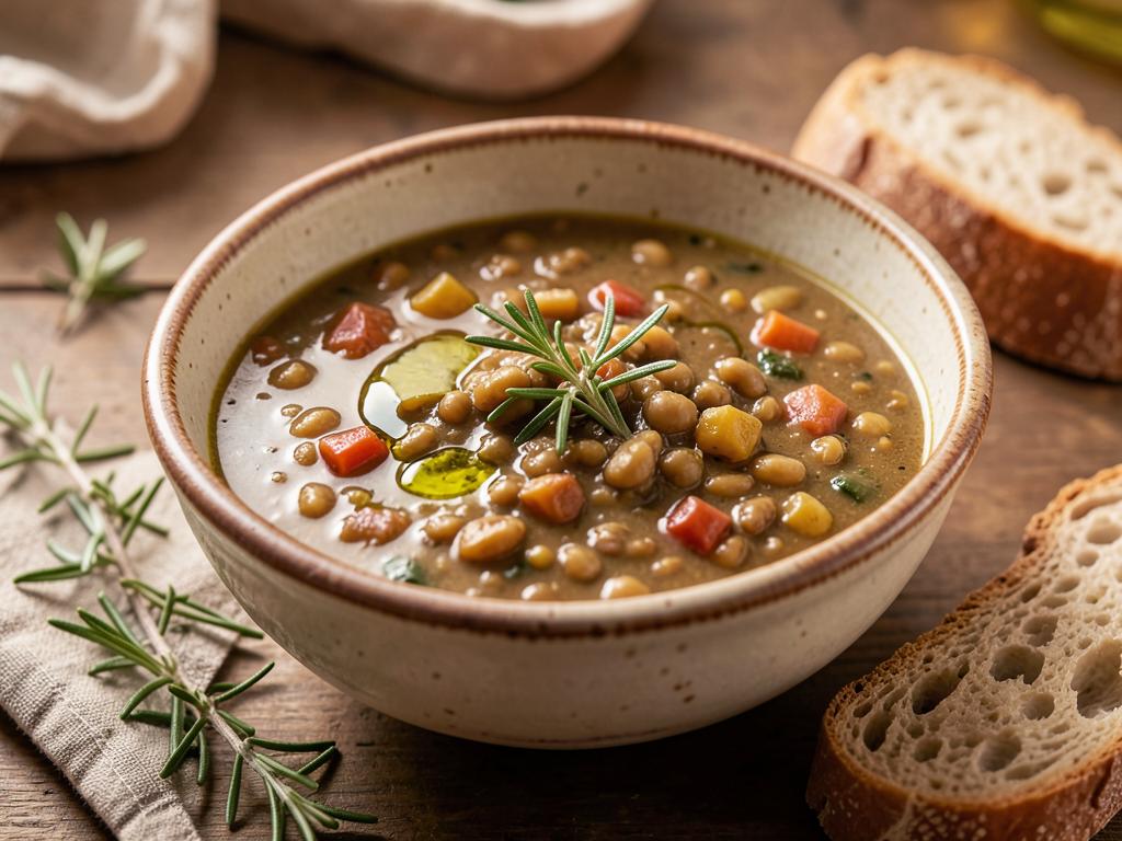 Tuscan lentil soup with rosemary and bread