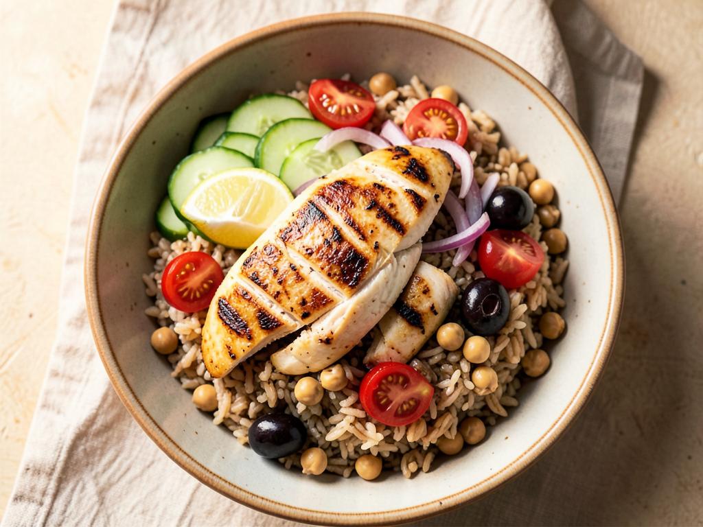 Mediterranean chicken rice bowl with cucumber, tomato and olives