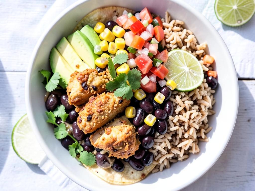 Mexican chicken burrito bowl with black beans, corn and avocado