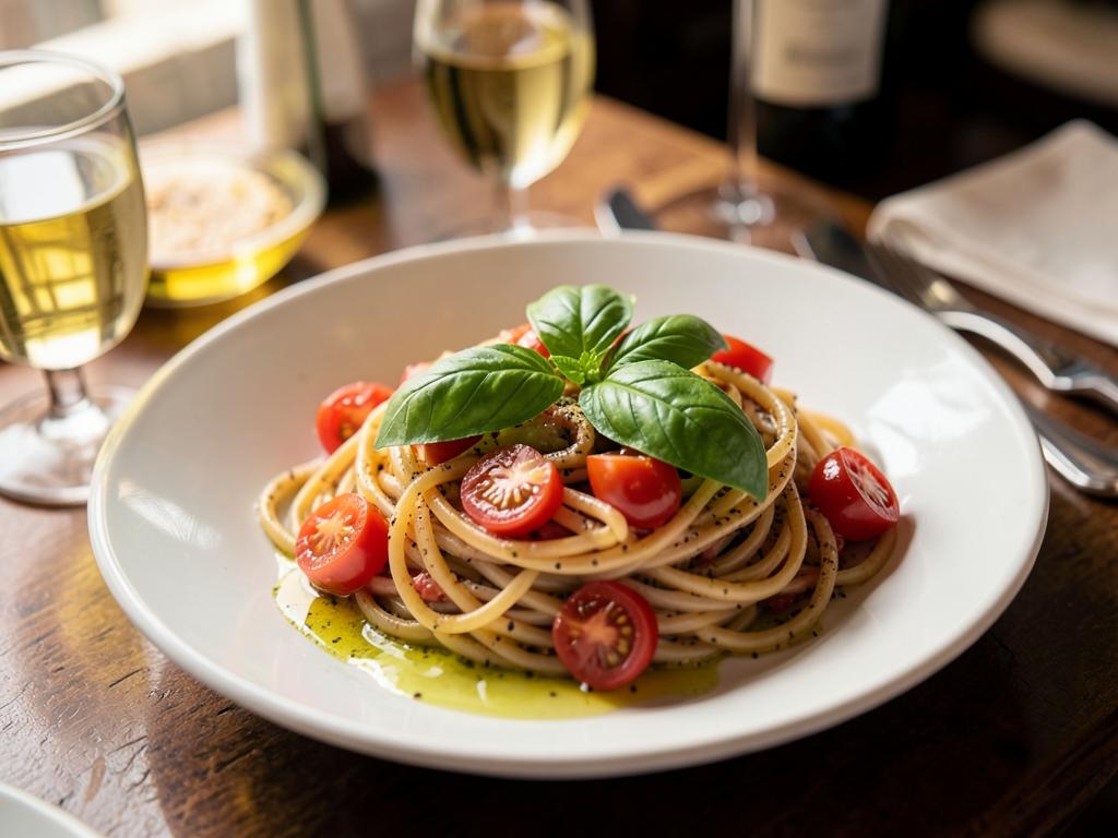 Whole wheat spaghetti with cherry tomatoes and basil