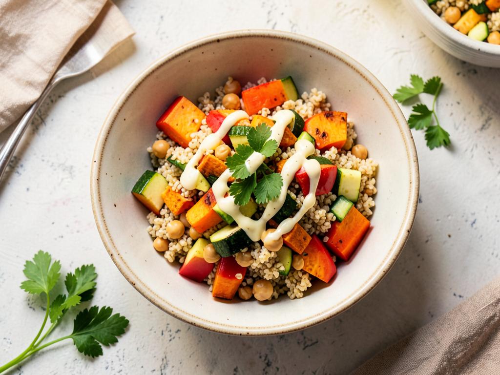Roasted vegetable quinoa bowl with chickpeas and lemon tahini