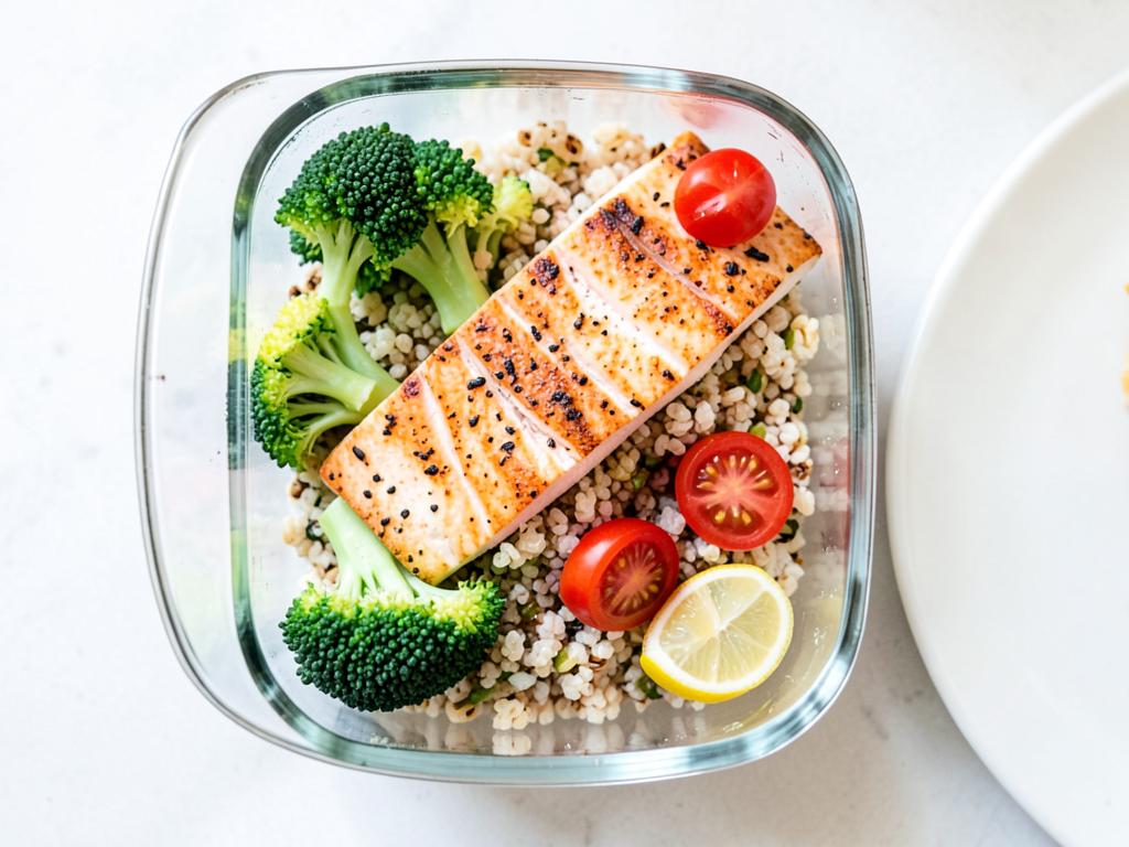 Baked salmon with quinoa and broccoli in a meal prep box