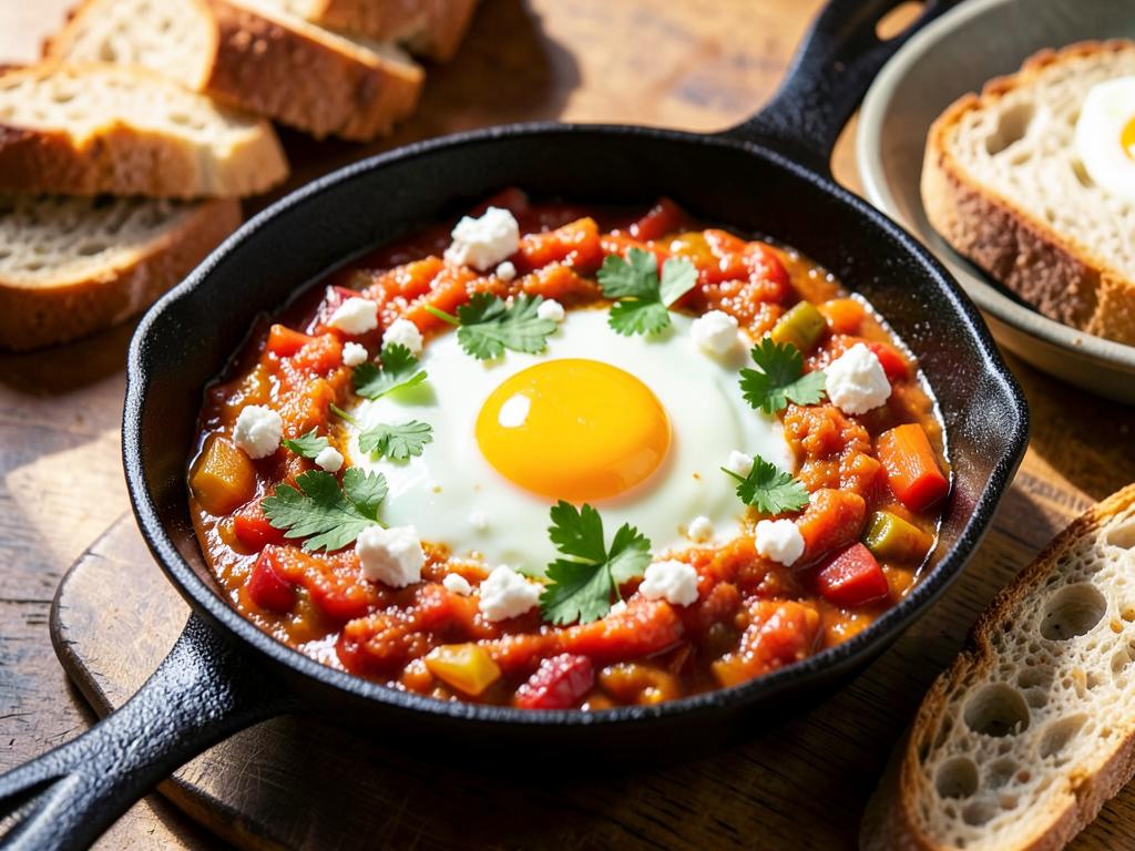 Shakshuka eggs in tomato sauce in a cast iron skillet