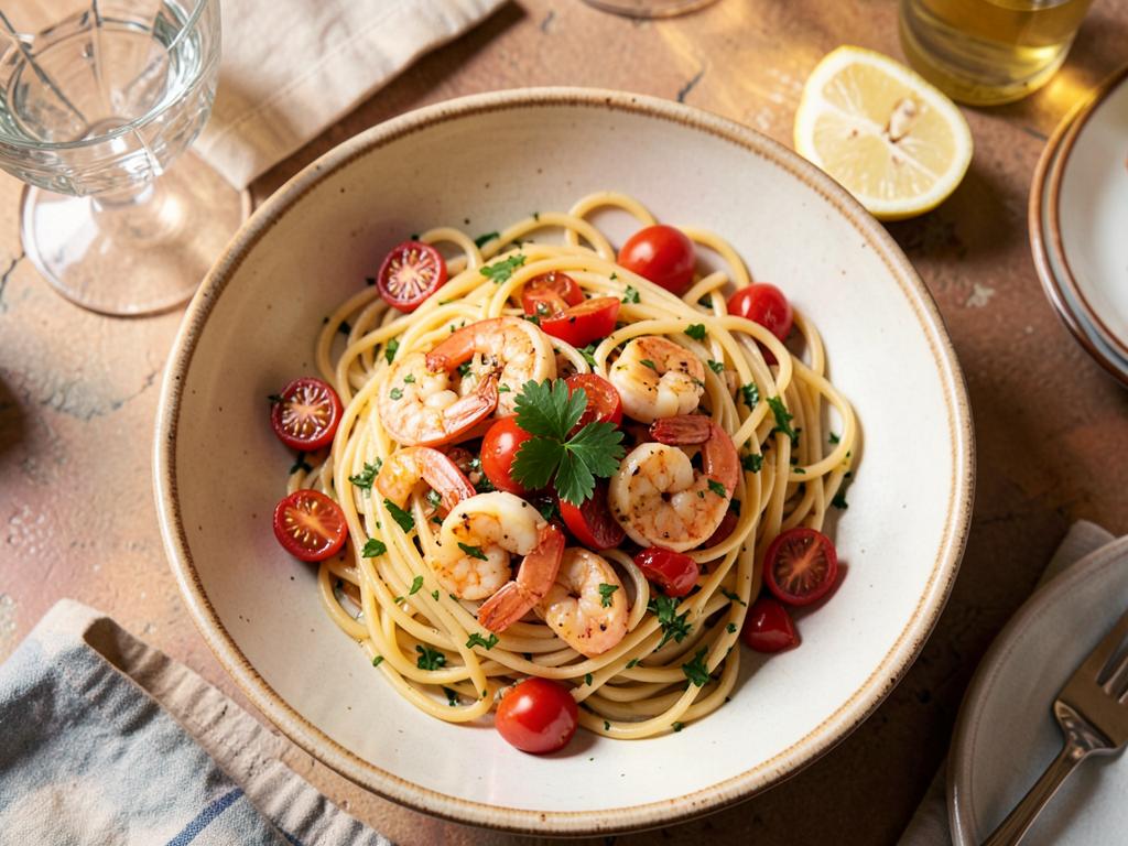 Spaghetti with garlic shrimp and cherry tomatoes
