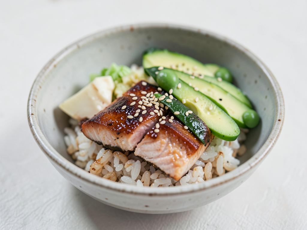 Teriyaki salmon rice bowl with edamame, cucumber and avocado