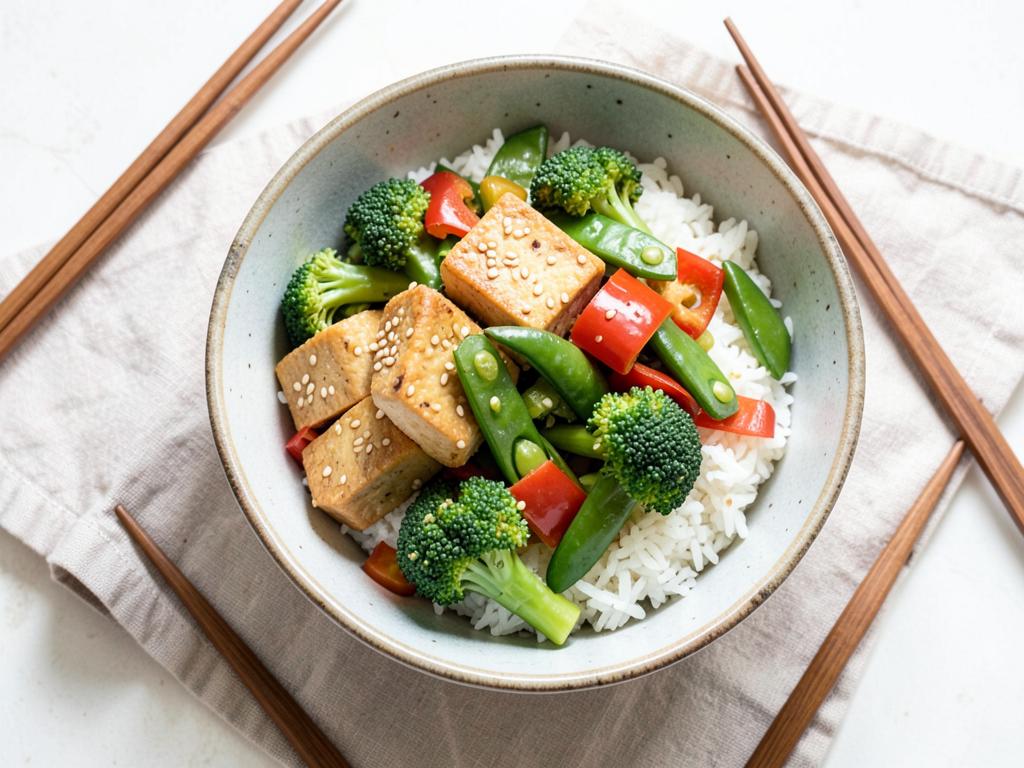 Ginger sesame tofu stir-fry with vegetables and rice