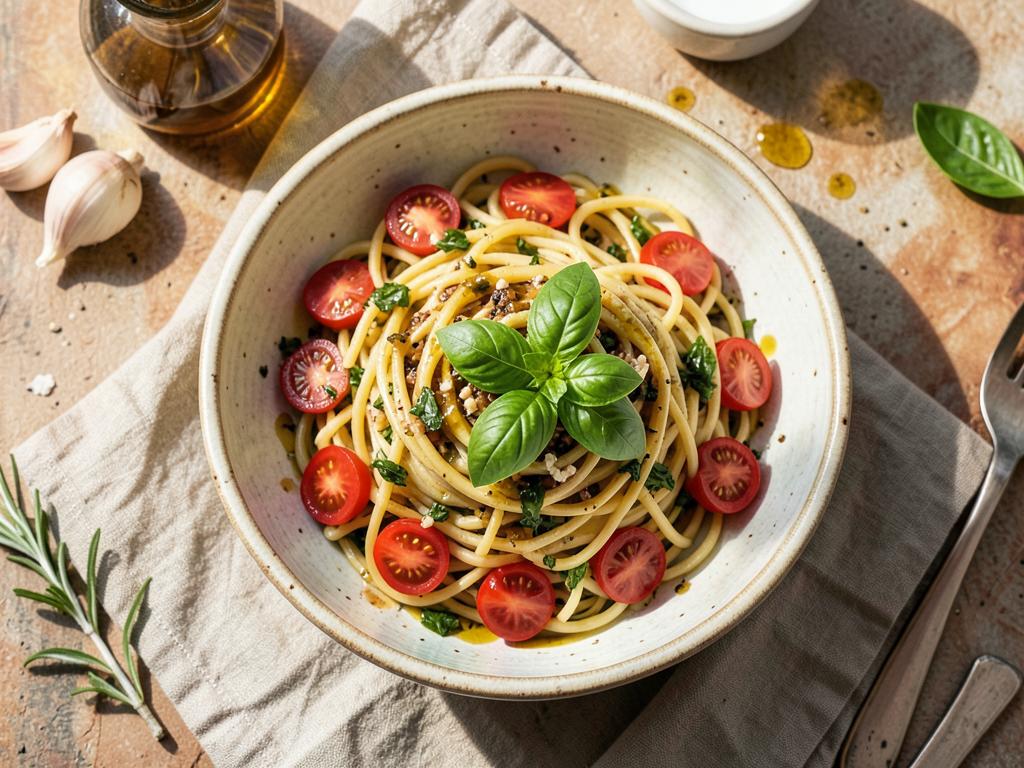 Dairy-free spaghetti with cherry tomatoes and basil