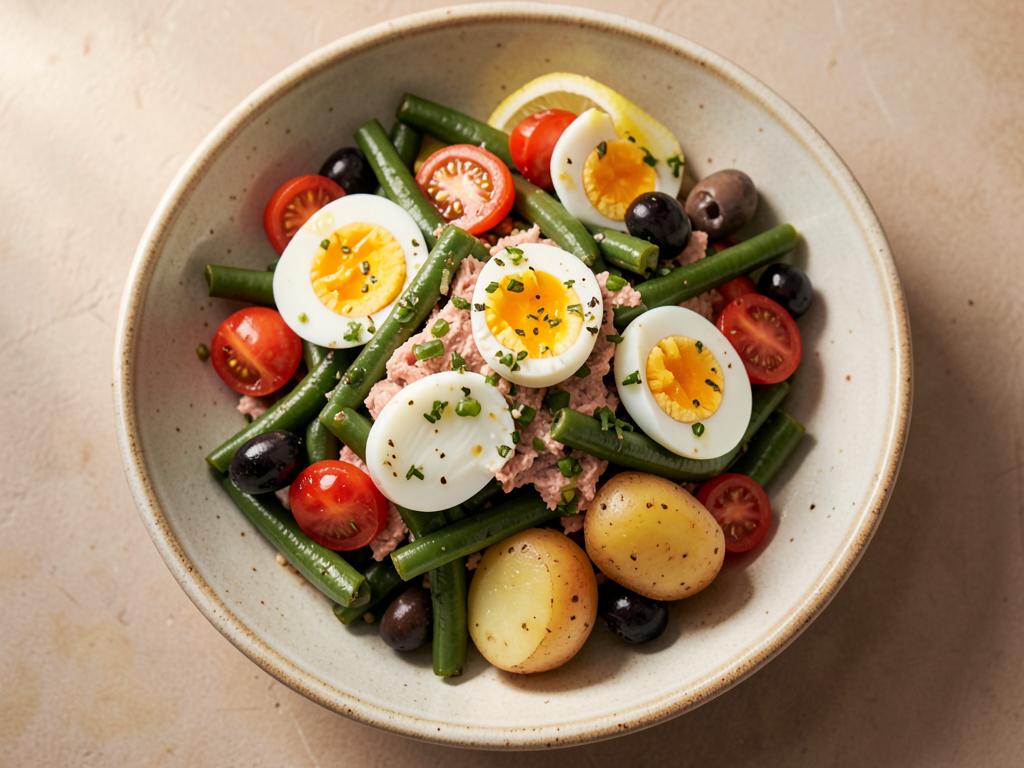 Tuna niçoise bowl with eggs, green beans and potatoes