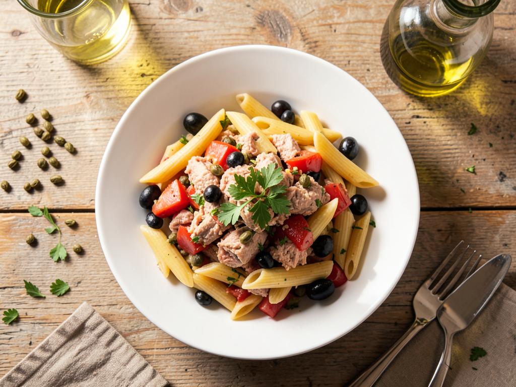 Tuna and tomato penne with capers and olives