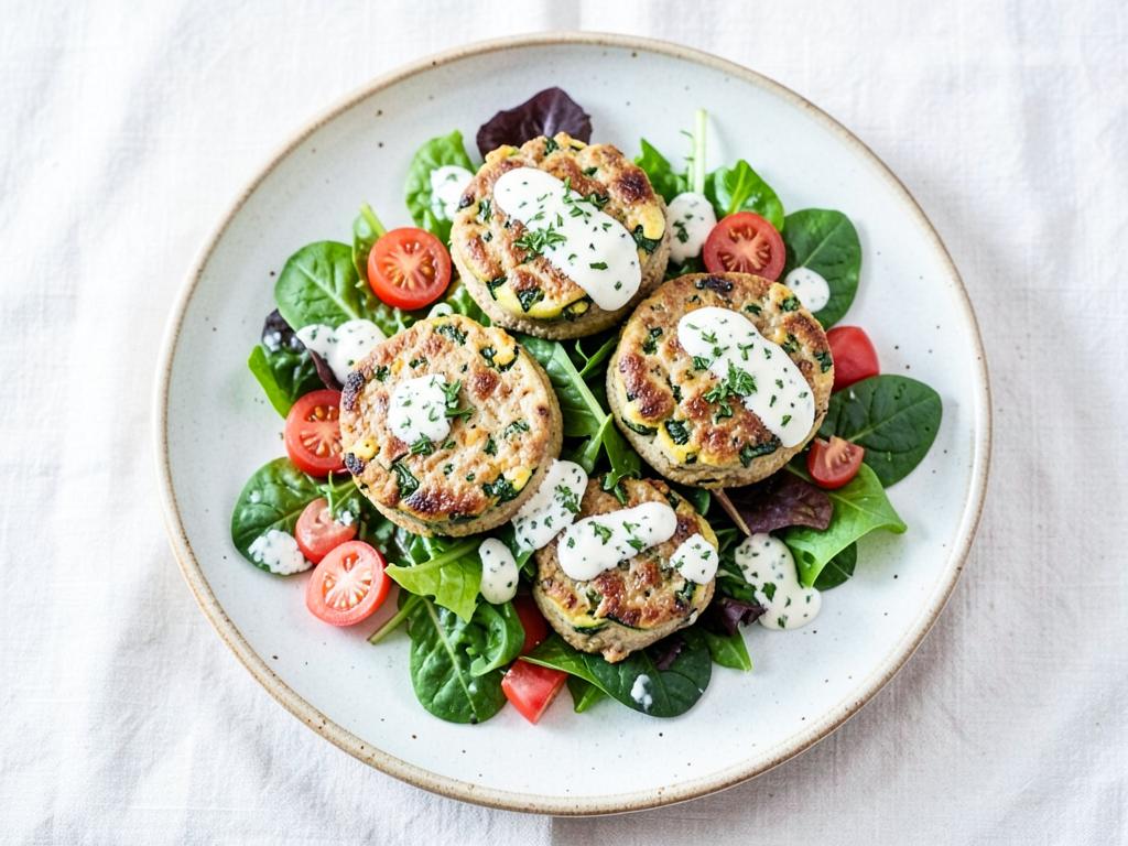 Turkey zucchini burgers on salad with yogurt sauce