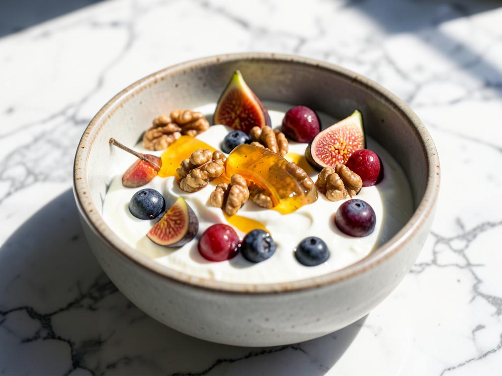 Greek yogurt bowl with figs, berries, walnuts and honey